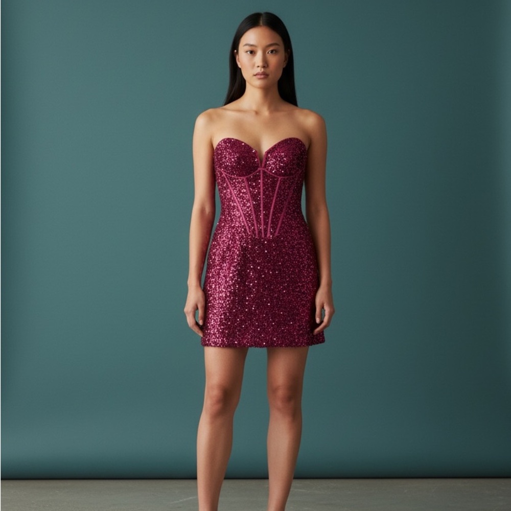 Jovani Strapless Sequin Corset Mini Dress – Hot Pink / Fuchsia – Size 0